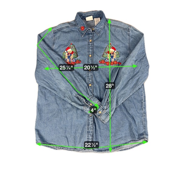 Vintage Denim Christmas Shirt Teddy Bear Holiday Button Down Long Sleeve - Picture 3 of 6